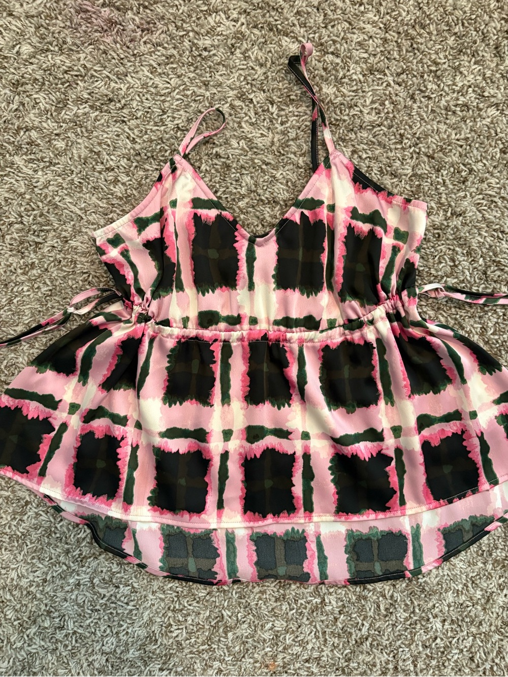 Pink & Black Printed V-Neck Spaghetti Strap Peplum Top